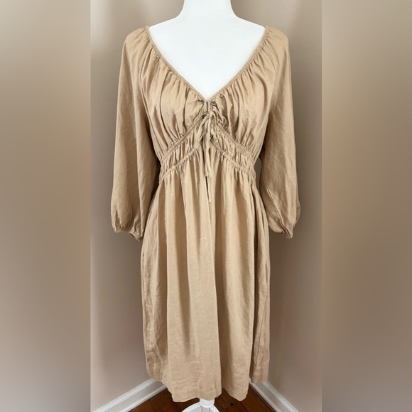 NWOT Universal Thread Tan Linen Blend Cottagecore Fit and Flare Midi Dress - Picture 1 of 10